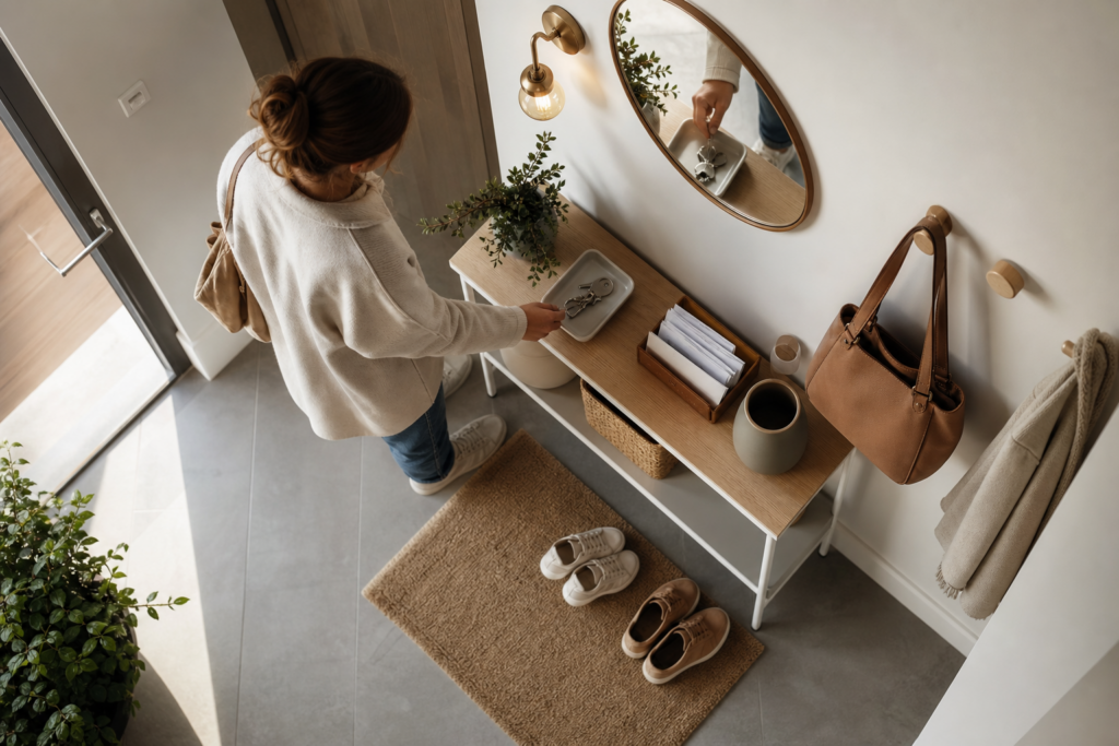 Comment créer une vraie zone de retour à la maison pour déposer clés, courrier, chaussures et sacs sans encombrer l’entrée — illustration 1