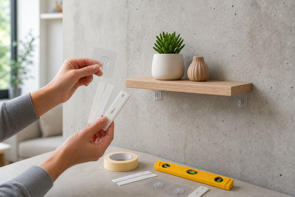 Comment fixer une étagère légère sur un mur en béton sans perceuse : solutions simples, supports et erreurs à éviter — illustration 1