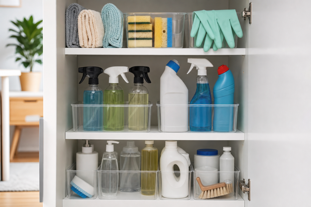 Comment ranger les produits ménagers dans un petit placard sans mélange ni doublons : méthode simple par familles — illustration 1