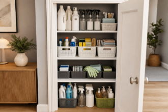 Comment ranger les produits ménagers dans un petit placard sans mélange ni doublons : méthode simple par familles