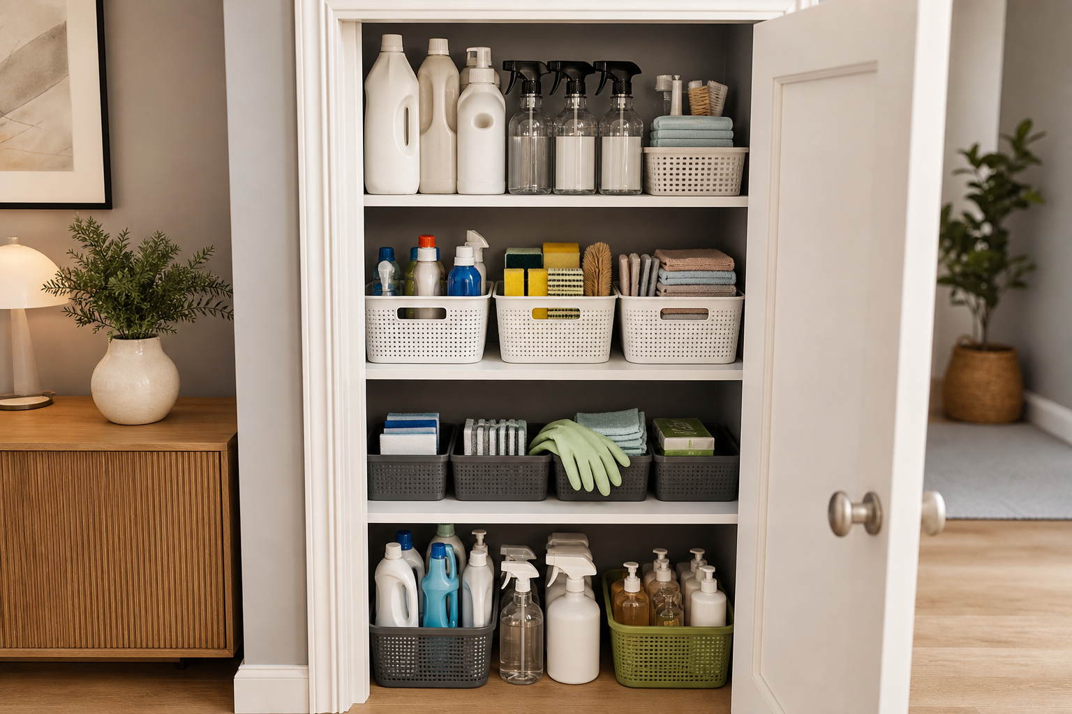 Comment ranger les produits ménagers dans un petit placard sans mélange ni doublons : méthode simple par familles