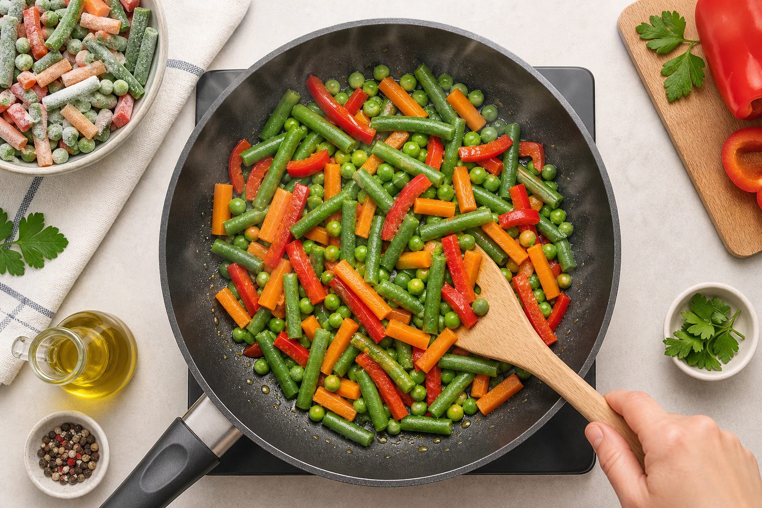 Comment réussir une cuisson uniforme des légumes surgelés à la poêle sans les rendre mous