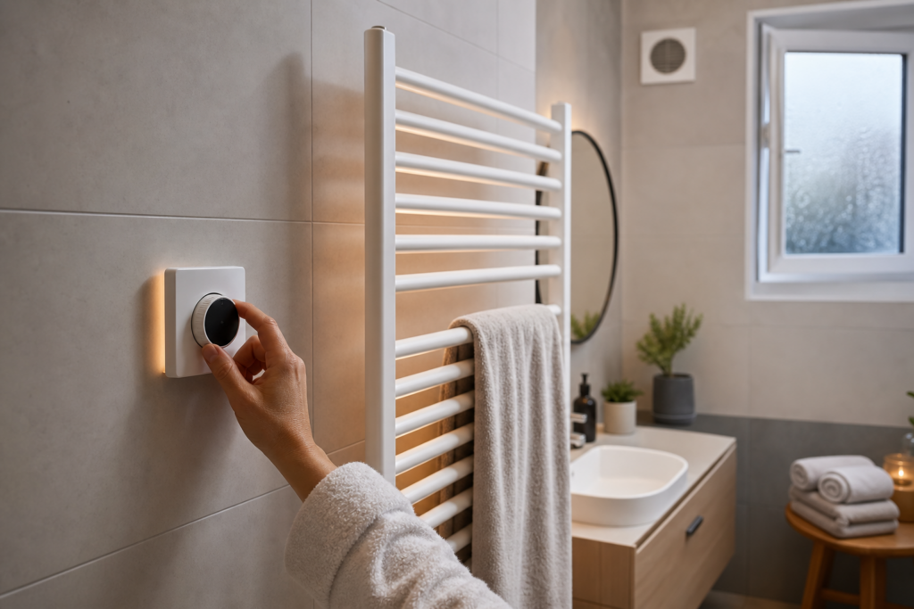 Chauffer une salle de bain sans gaspiller : régler le sèche-serviettes, le thermostat et la ventilation — illustration 1