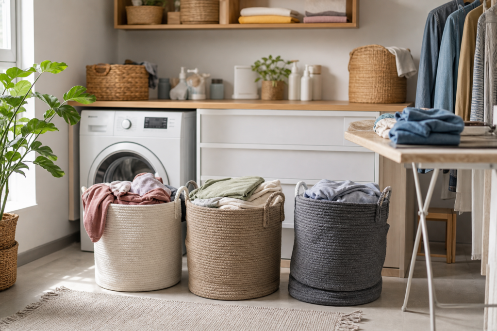 Comment créer une station linge familiale pour gérer le linge propre, le linge sale et les vêtements à plier sans que la maison déborde — illustration 1