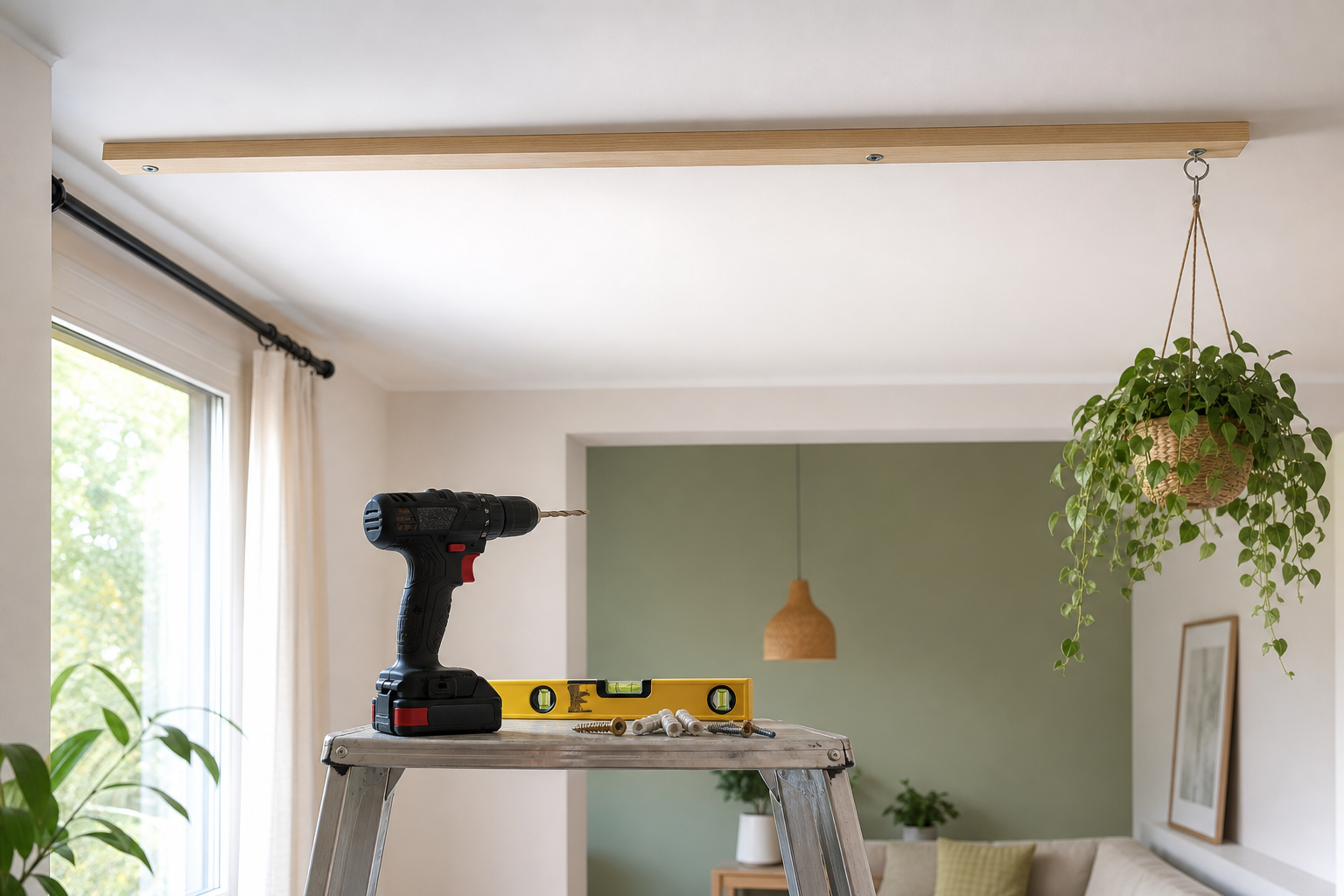 Comment poser un tasseau au plafond pour suspendre un rideau léger, une plante ou un petit luminaire