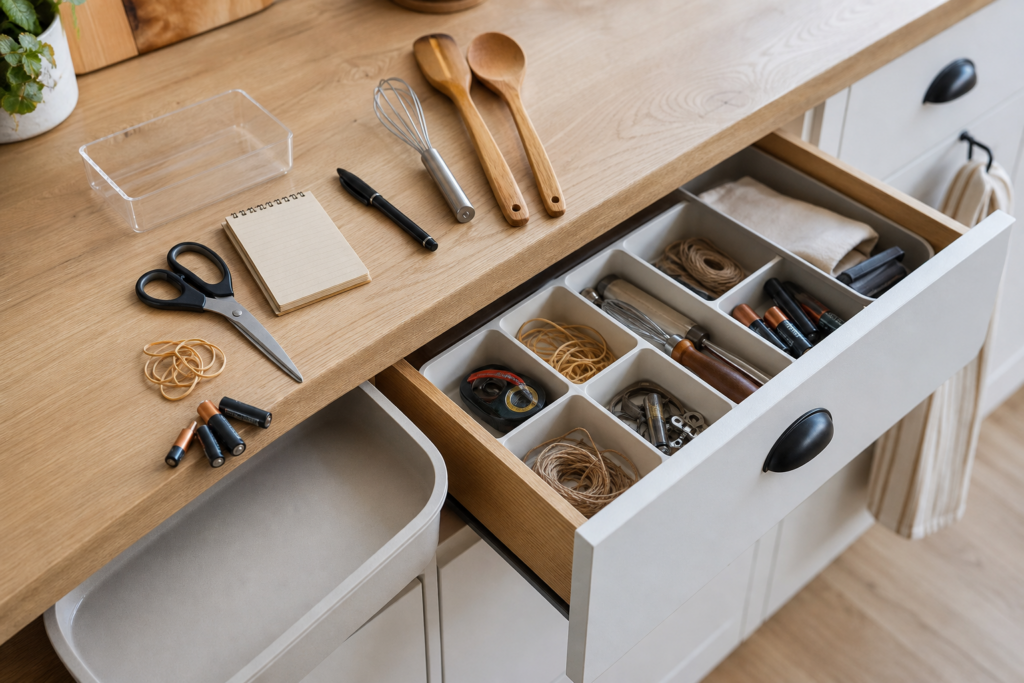 Comment préparer un tiroir d’appoint dans la cuisine pour retrouver rapidement les petits objets utiles du quotidien — illustration 1