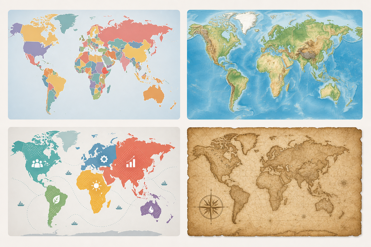 Comment reconnaître les grands types de cartes du monde en un coup d’œil : politique, physique, thématique et anciennes