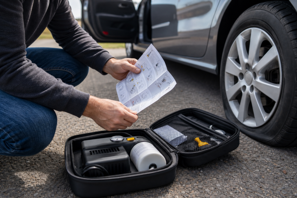 Comment utiliser un kit de réparation anti-crevaison dans sa voiture : quand s’en servir, ses limites et les bons réflexes après dépannage — illustration 1