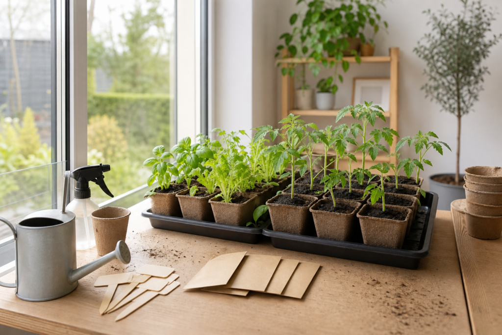 Semis en intérieur au printemps : organiser un coin simple pour réussir tomates, basilic et salades — illustration 1
