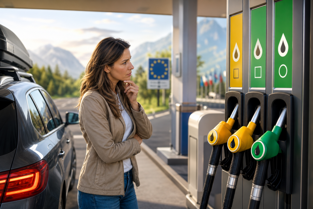 Voyager à l’étranger en voiture : comment anticiper le carburant disponible, les étiquettes à la pompe et les erreurs de plein à éviter — illustration 1